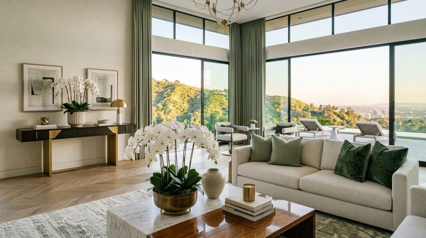 Luxury white orchid styling in a The Oaks of Calabasas home