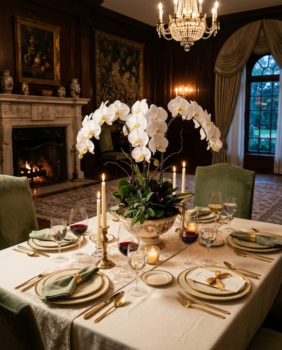 A white orchid centerpiece styled low on a formal dining table