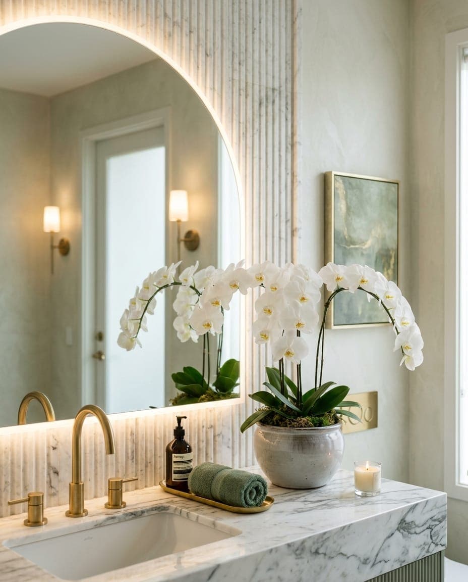 A white phalaenopsis orchid styled on a marble vanity in bright indirect light